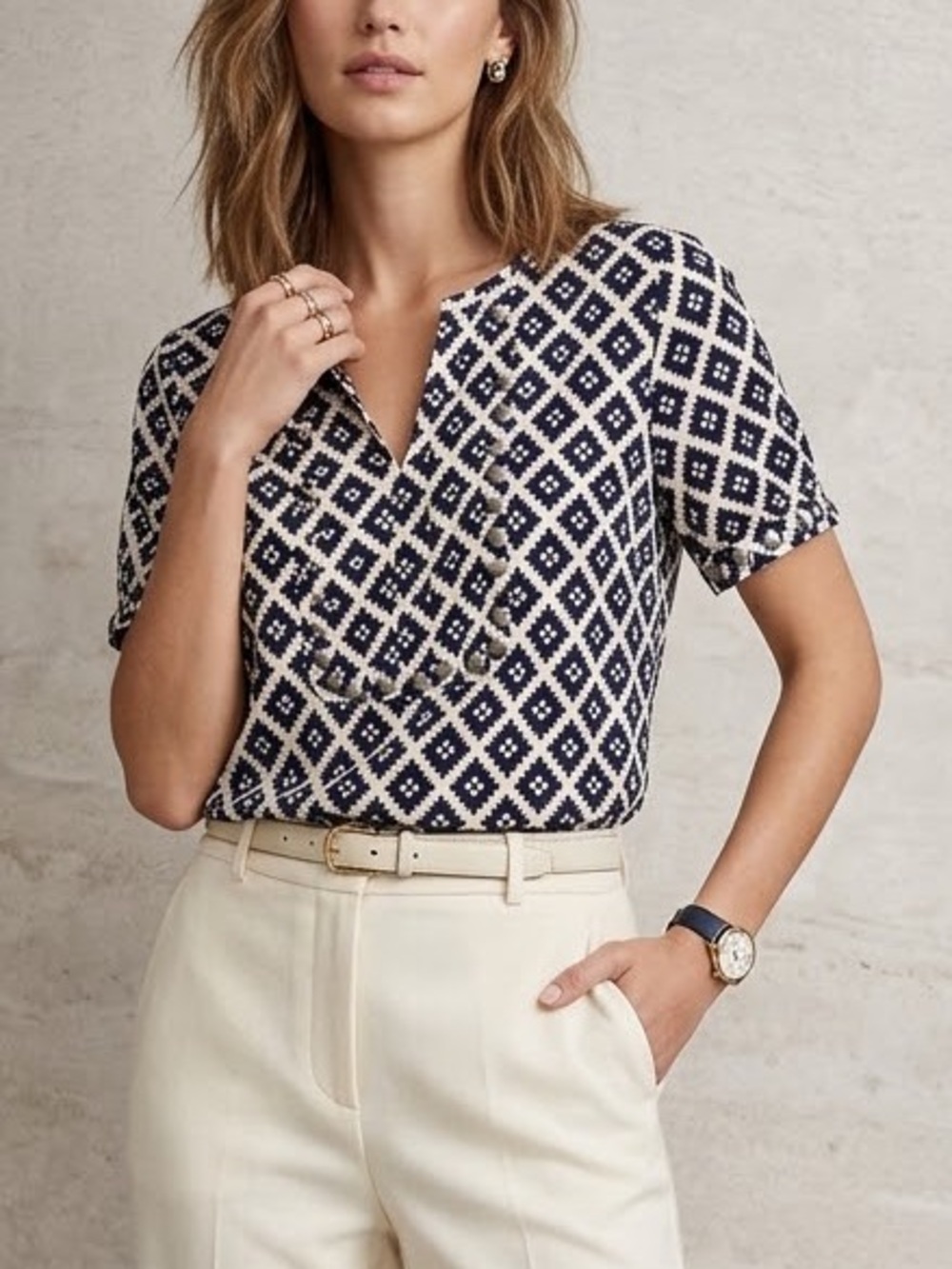 41 Hawthorn Stitch Geometric Studded Split Neck Top M Capsule Wardrobe Preppy